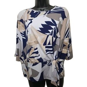 Clara Sun Woo Shirt Women's Sz M White/Tan/Blue Earthy Artsy Knot Front Made USA